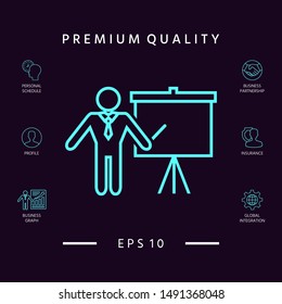 Presentation sign - line icon. Man standing with pointer near the flip chart. Blank empty billboard, elements for your design