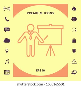 Presentation sign - line icon. Man standing with pointer near the flip chart. Blank empty billboard, elements for your design