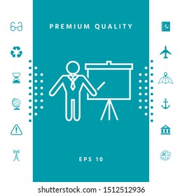 Presentation sign - line icon. Man standing with pointer near the flip chart. Blank empty billboard, elements for your design