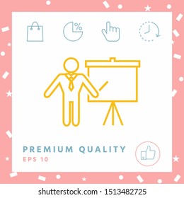 Presentation sign - line icon. Man standing with pointer near the flip chart. Blank empty billboard, elements for your design