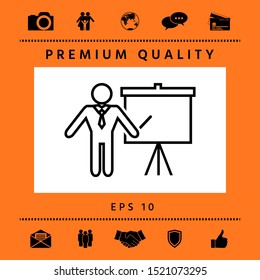 Presentation sign - line icon. Man standing with pointer near the flip chart. Blank empty billboard, elements for your design