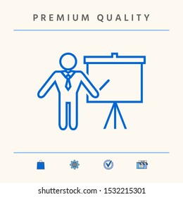 Presentation sign - line icon. Man standing with pointer near the flip chart. Blank empty billboard, elements for your design