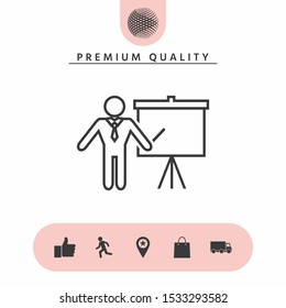 Presentation sign - line icon. Man standing with pointer near the flip chart. Blank empty billboard, elements for your design