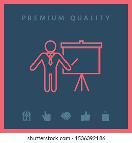 Presentation sign - line icon. Man standing with pointer near the flip chart. Blank empty billboard, elements for your design