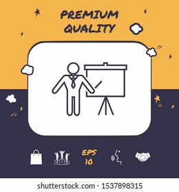 Presentation sign - line icon. Man standing with pointer near the flip chart. Blank empty billboard, elements for your design