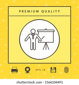 Presentation sign - line icon. Man standing with pointer near the flip chart. Blank empty billboard, elements for your design