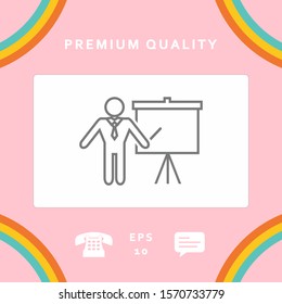 Presentation sign - line icon. Man standing with pointer near the flip chart. Blank empty billboard, elements for your design