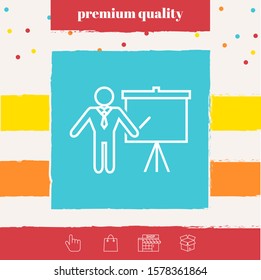 Presentation sign - line icon. Man standing with pointer near the flip chart. Blank empty billboard, elements for your design