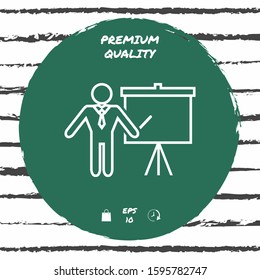 Presentation sign - line icon. Man standing with pointer near the flip chart. Blank empty billboard, elements for your design