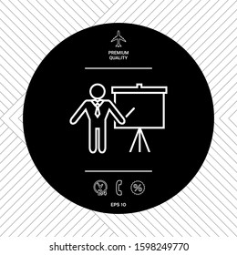 Presentation sign - line icon. Man standing with pointer near the flip chart. Blank empty billboard, elements for your design