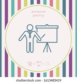 Presentation sign - line icon. Man standing with pointer near the flip chart. Blank empty billboard, elements for your design