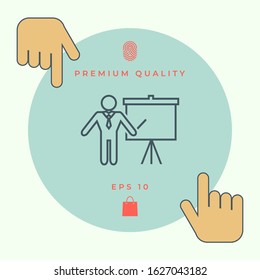 Presentation sign - line icon. Man standing with pointer near the flip chart. Blank empty billboard, elements for your design