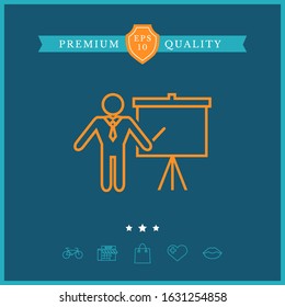 Presentation sign - line icon. Man standing with pointer near the flip chart. Blank empty billboard, elements for your design