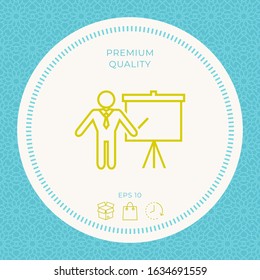Presentation sign - line icon. Man standing with pointer near the flip chart. Blank empty billboard, elements for your design