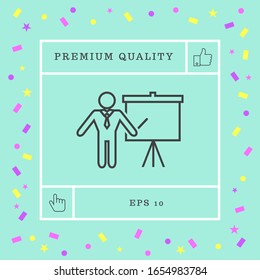 Presentation sign - line icon. Man standing with pointer near the flip chart. Blank empty billboard, elements for your design