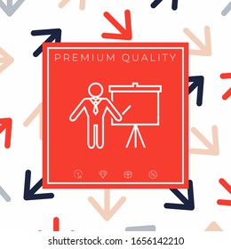 Presentation sign - line icon. Man standing with pointer near the flip chart. Blank empty billboard, elements for your design