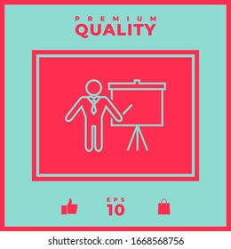 Signo de presentación - icono de línea. Hombre de pie con el puntero cerca del rotafolios. Cartel vacío en blanco, elementos para su diseño