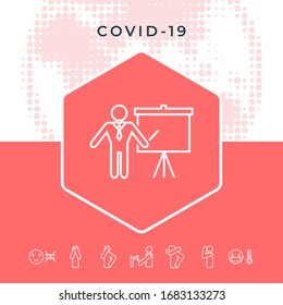 Presentation sign - line icon. Man standing with pointer near the flip chart. Blank empty billboard, elements for your design
