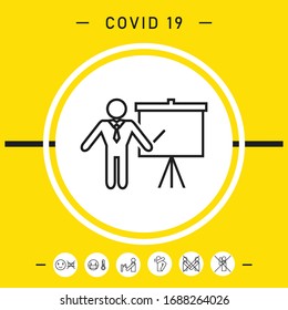 Presentation sign - line icon. Man standing with pointer near the flip chart. Blank empty billboard, elements for your design
