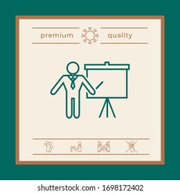 Presentation sign - line icon. Man standing with pointer near the flip chart. Blank empty billboard, elements for your design