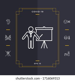 Presentation sign - line icon. Man standing with pointer near the flip chart. Blank empty billboard, elements for your design