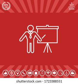 Signo de presentación - icono de línea. Hombre de pie con el puntero cerca del rotafolios. Cartel vacío en blanco, elementos para su diseño