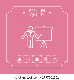 Presentation sign - line icon. Man standing with pointer near the flip chart. Blank empty billboard, elements for your design