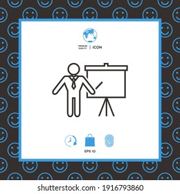 Presentation sign - line icon. Man standing with pointer near the flip chart. 