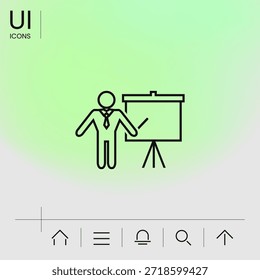 Sinal de apresentação - ícone de linha. Homem de pé com ponteiro perto do flip chart. 