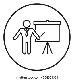 Presentation sign - line icon. Man standing with pointer near the flip chart. Blank empty billboard symbol