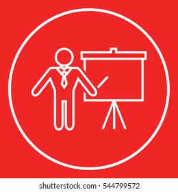 Presentation sign - line icon. Man standing with pointer near the flip chart. Blank empty billboard symbol