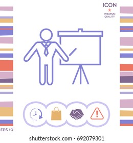Presentation sign - line icon. Man standing with pointer near the flip chart. Blank empty billboard symbol