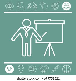 Presentation sign - line icon. Man standing with pointer near the flip chart. Blank empty billboard symbol