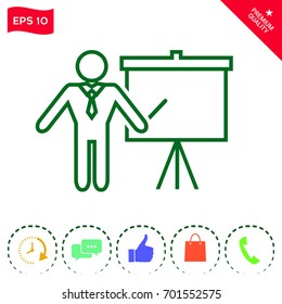 Presentation sign - line icon. Man standing with pointer near the flip chart. Blank empty billboard symbol