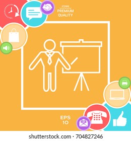 Presentation sign - line icon. Man standing with pointer near the flip chart. Blank empty billboard symbol