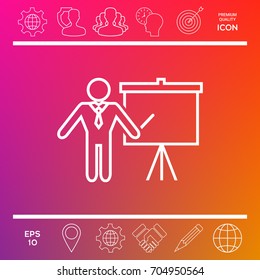 Presentation sign - line icon. Man standing with pointer near the flip chart. Blank empty billboard symbol