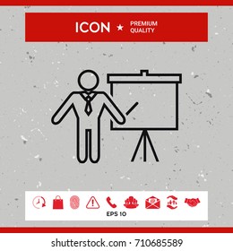 Presentation sign - line icon. Man standing with pointer near the flip chart. Blank empty billboard symbol