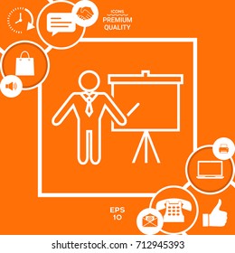 Presentation sign - line icon. Man standing with pointer near the flip chart. Blank empty billboard symbol