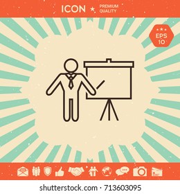 Presentation sign - line icon. Man standing with pointer near the flip chart. Blank empty billboard symbol