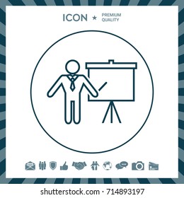 Presentation sign - line icon. Man standing with pointer near the flip chart. Blank empty billboard symbol