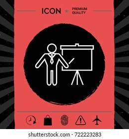 Presentation sign - line icon. Man standing with pointer near the flip chart. Blank empty billboard symbol