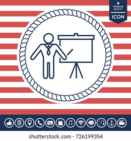 Presentation sign - line icon. Man standing with pointer near the flip chart. Blank empty billboard symbol
