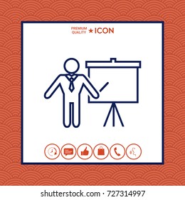 Presentation sign - line icon. Man standing with pointer near the flip chart. Blank empty billboard symbol