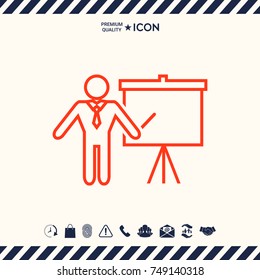Presentation sign - line icon. Man standing with pointer near the flip chart. Blank empty billboard symbol