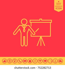 Presentation sign - line icon. Man standing with pointer near the flip chart. Blank empty billboard symbol