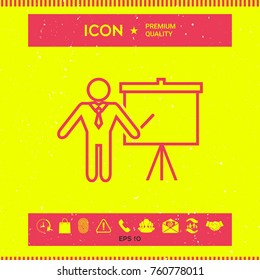 Presentation sign - line icon. Man standing with pointer near the flip chart. Blank empty billboard symbol