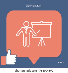 Presentation sign - line icon. Man standing with pointer near the flip chart. Blank empty billboard symbol