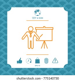 Presentation sign - line icon. Man standing with pointer near the flip chart. Blank empty billboard symbol