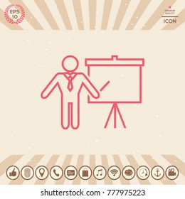 Presentation sign - line icon. Man standing with pointer near the flip chart. Blank empty billboard symbol
