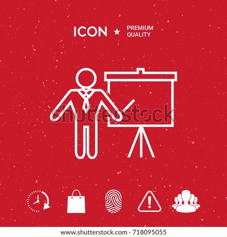 Presentation sign - line icon. Man standing with pointer near the flip chart. Blank empty billboard symbol